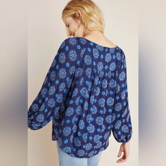 Anthropologie MAEVE Boswell Blue Peasant Longsleeve Blouse US size 6 M Medium - Picture 2 of 11